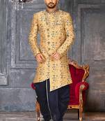 Light beige dupion arts silk anghrakha design with hand work on collar and buttons indo western