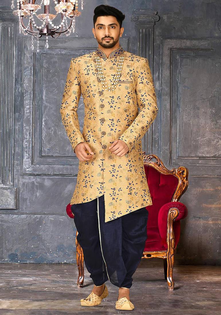 Light beige dupion arts silk anghrakha design with hand work on collar and buttons indo western