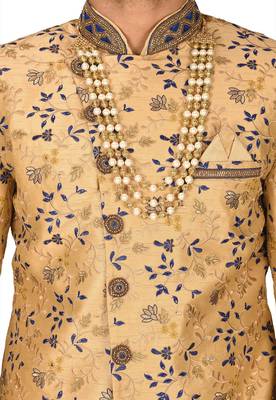 Light beige dupion arts silk anghrakha design with hand work on collar and buttons indo western 2