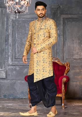 Light beige dupion arts silk anghrakha design with hand work on collar and buttons indo western 3