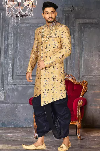 Light beige dupion arts silk anghrakha design with hand work on collar and buttons indo western
