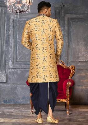 Light beige dupion arts silk anghrakha design with hand work on collar and buttons indo western 4