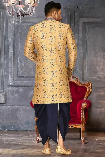 Light beige dupion arts silk anghrakha design with hand work on collar and buttons indo western