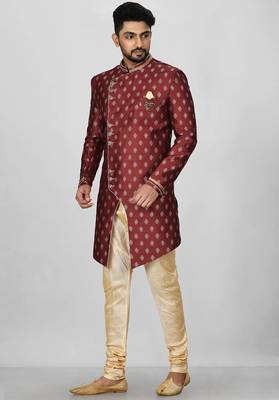 Red anghrakha pattern work with fawn pipe in indo western 3
