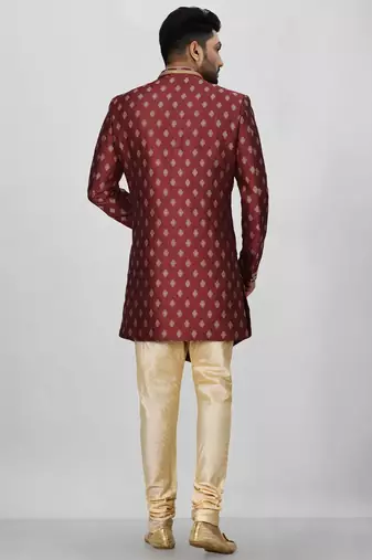 Red anghrakha pattern work with fawn pipe in indo western