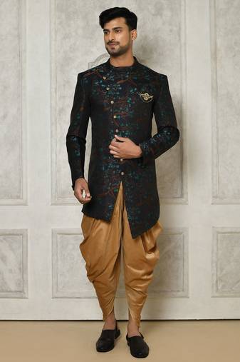 Red anghrakha pattern work with fawn pipe in indo western