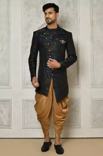 Red anghrakha pattern work with fawn pipe in indo western