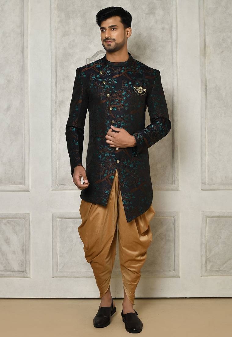 Red anghrakha pattern work with fawn pipe in indo western