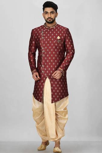 Red anghrakha pattern work with fawn pipe in indo western