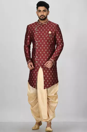 Red anghrakha pattern work with fawn pipe in indo western