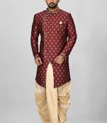 Red anghrakha pattern work with fawn pipe in indo western