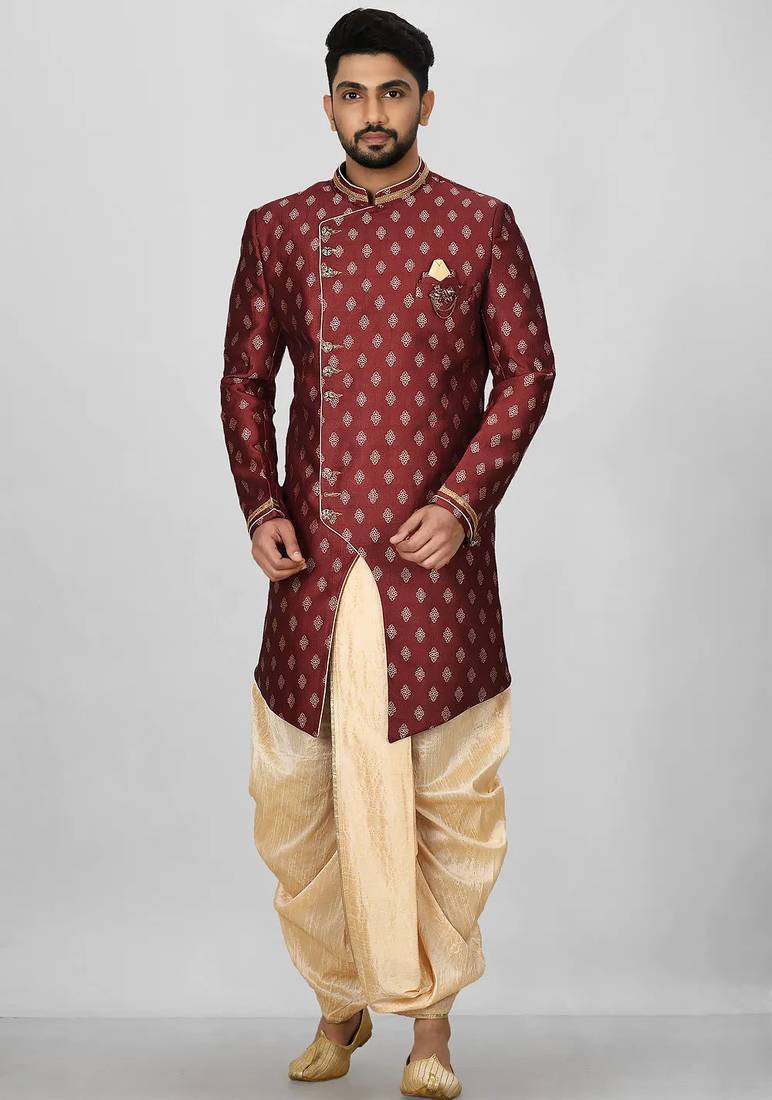 Red anghrakha pattern work with fawn pipe in indo western