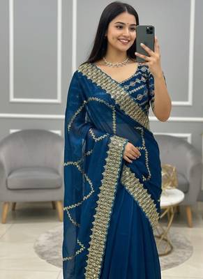 Peacock Blue Color  embroidery sequence work art silk saree 1