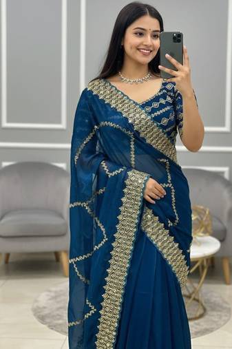 Peacock Blue Color  embroidery sequence work Silk Saree