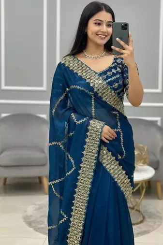 Peacock Blue Color  embroidery sequence work Silk Saree