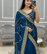 Peacock Blue Color  embroidery sequence work Silk Saree