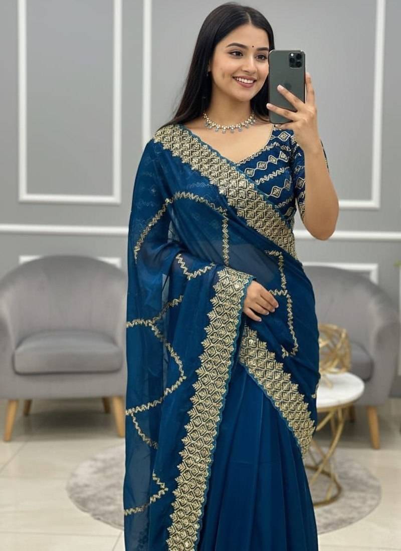 Peacock Blue Color  embroidery sequence work Silk Saree