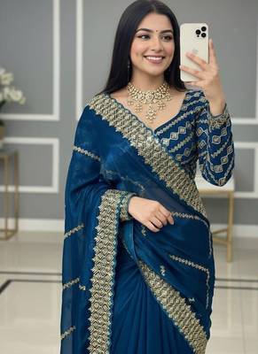 Peacock Blue Color  embroidery sequence work art silk saree 2