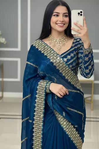 Peacock Blue Color  embroidery sequence work art silk saree