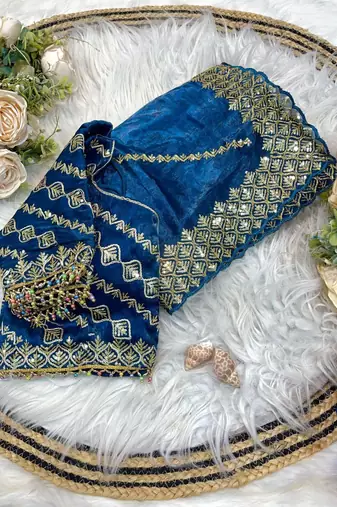 Peacock Blue Color  embroidery sequence work art silk saree