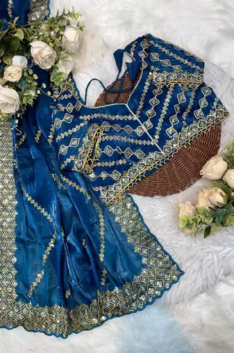 Peacock Blue Color  embroidery sequence work art silk saree