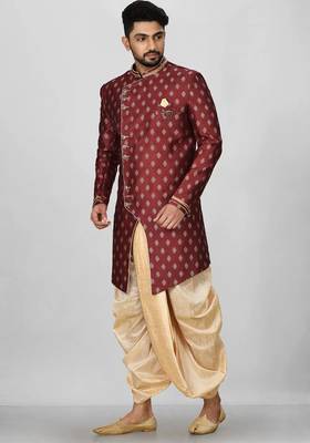 Red anghrakha pattern work with fawn pipe in indo western 3
