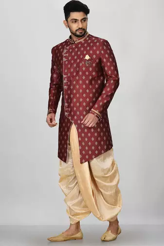 Red anghrakha pattern work with fawn pipe in indo western