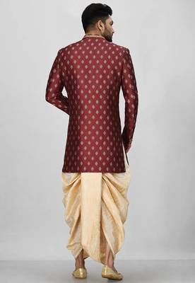 Red anghrakha pattern work with fawn pipe in indo western 4