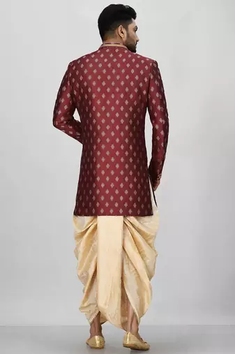 Red anghrakha pattern work with fawn pipe in indo western