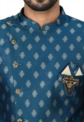 Teal green anghrakha pattern work with fawn pipe in indo western 2
