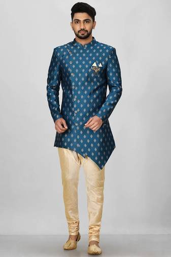 Teal green anghrakha pattern work with fawn pipe in indo western