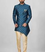 Teal green anghrakha pattern work with fawn pipe in indo western