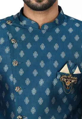 Teal green anghrakha pattern work with fawn pipe in indo western 2