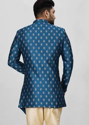 Teal green anghrakha pattern work with fawn pipe in indo western 3