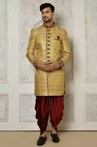 Teal green anghrakha pattern work with fawn pipe in indo western