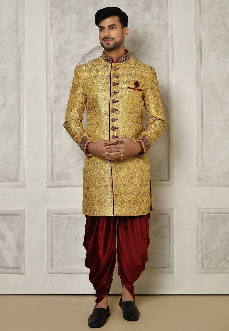 Teal green anghrakha pattern work with fawn pipe in indo western