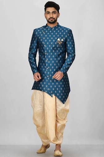 Teal green anghrakha pattern work with fawn pipe in indo western