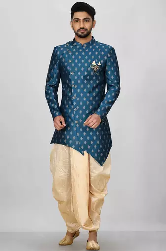 Teal green anghrakha pattern work with fawn pipe in indo western