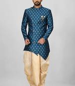 Teal green anghrakha pattern work with fawn pipe in indo western