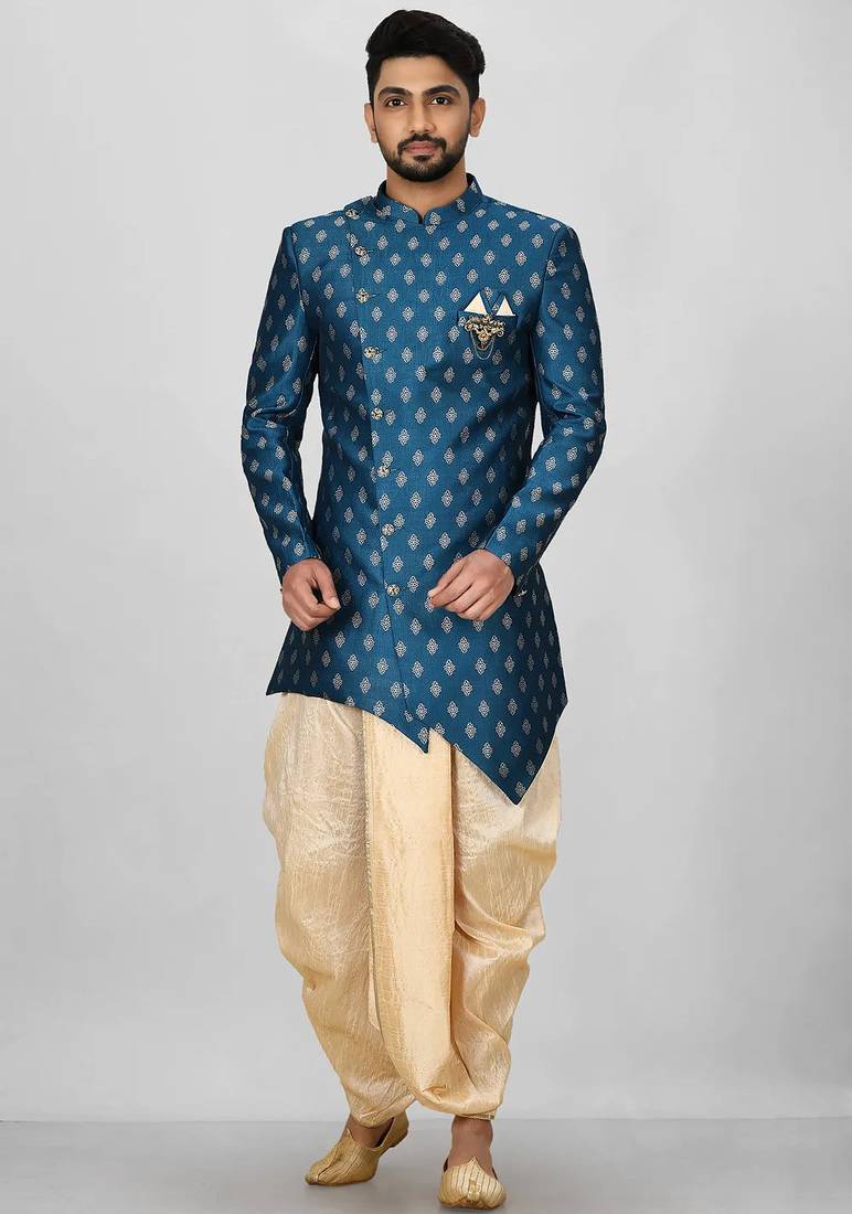 Teal green anghrakha pattern work with fawn pipe in indo western