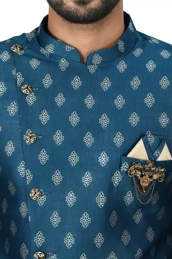 Teal green anghrakha pattern work with fawn pipe in indo western