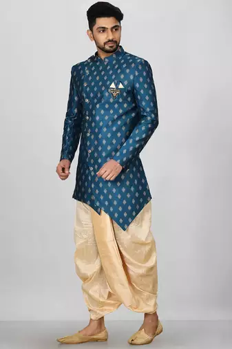 Teal green anghrakha pattern work with fawn pipe in indo western