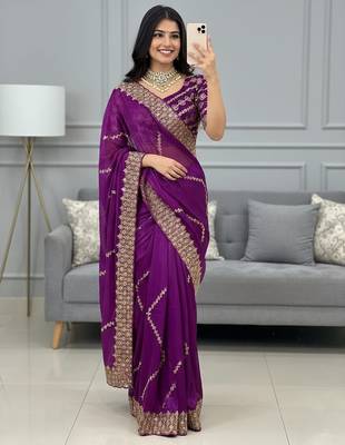 Purple Color  embroidery sequence work art silk saree 1