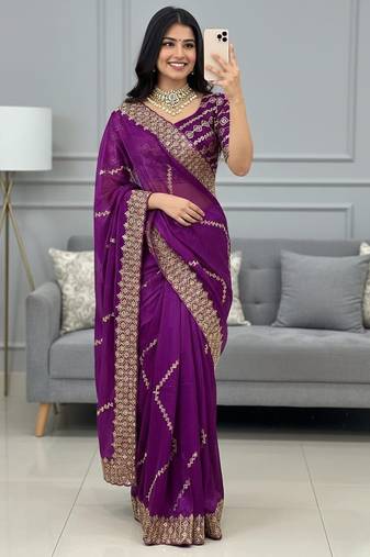 Purple Color  embroidery sequence work Silk Saree