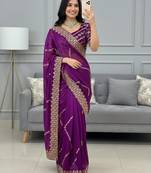 Purple Color  embroidery sequence work Silk Saree