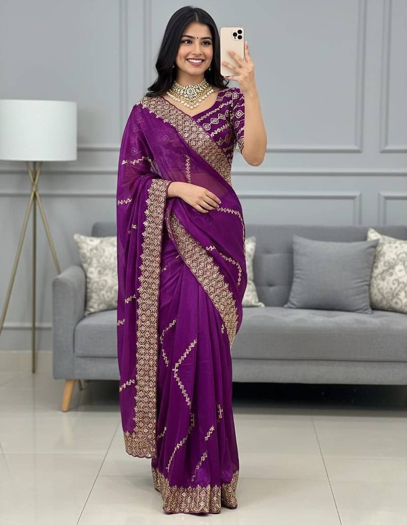 Purple Color  embroidery sequence work Silk Saree