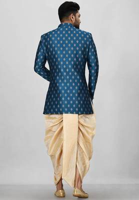 Teal green anghrakha pattern work with fawn pipe in indo western 4
