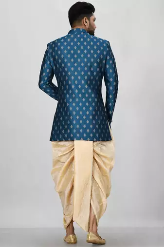 Teal green anghrakha pattern work with fawn pipe in indo western