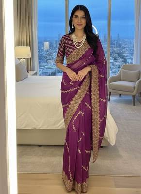 Purple Color  embroidery sequence work art silk saree 2
