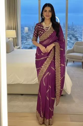 Purple Color  embroidery sequence work art silk saree